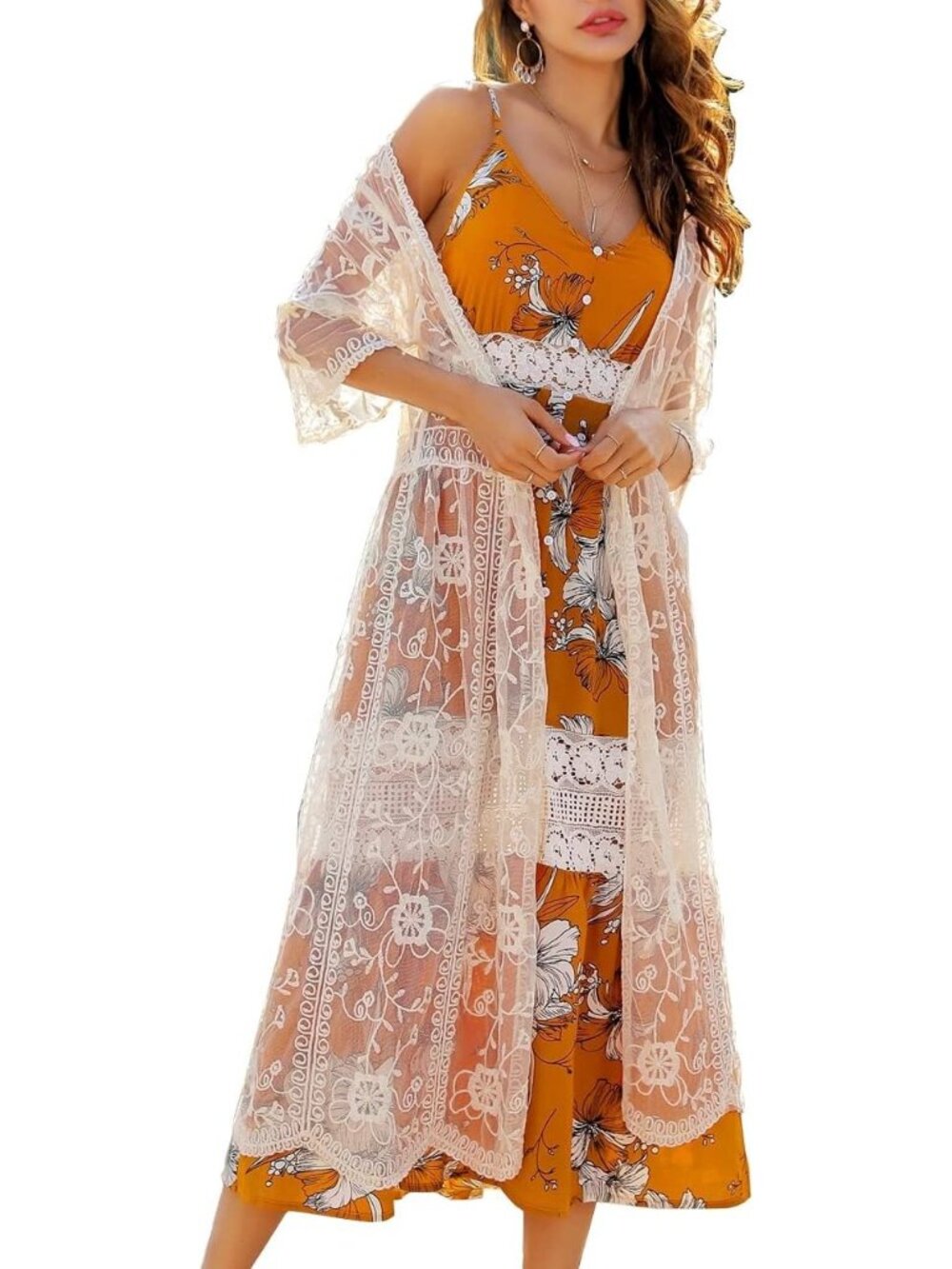 〽️Women Apricot 49 Lace Cardigan Floral Crochet Sheer Beach Cover Ups Long Open